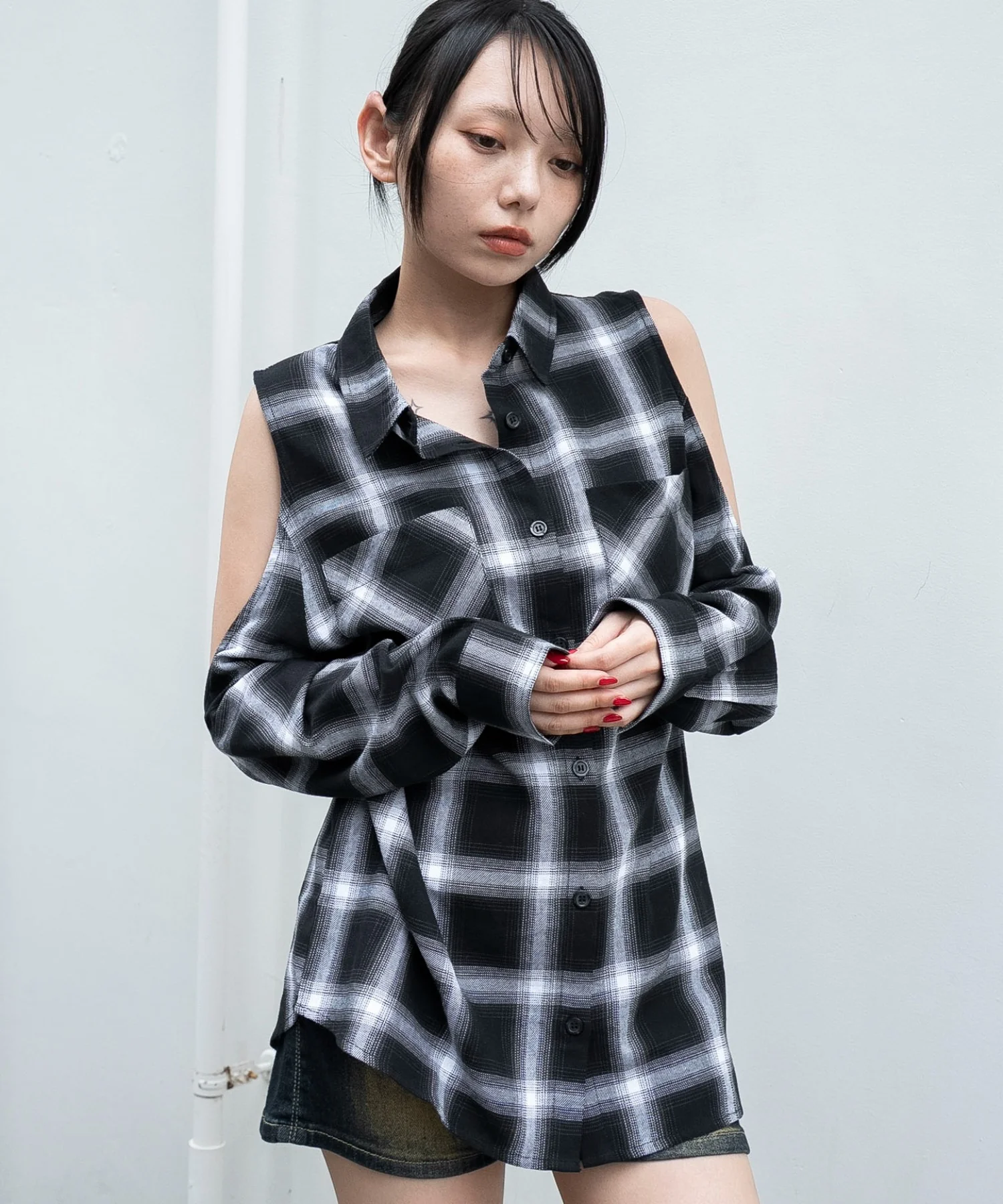 オープンショルダーチェックBIGシャツ - Image 11