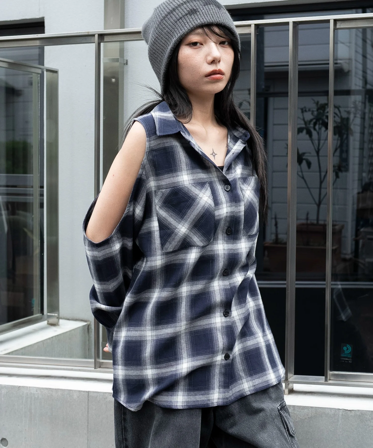 オープンショルダーチェックBIGシャツ - Image 14