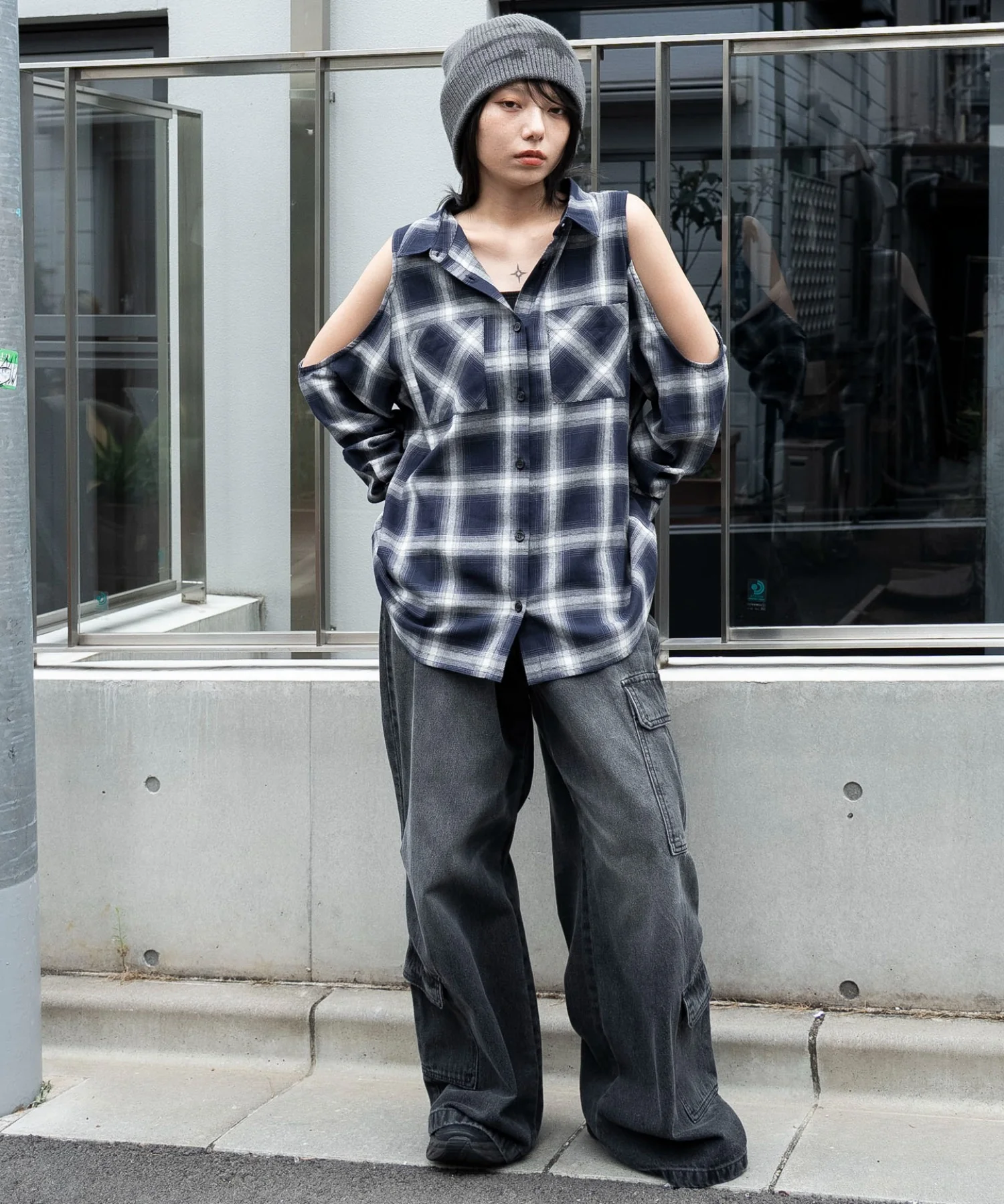 オープンショルダーチェックBIGシャツ - Image 4