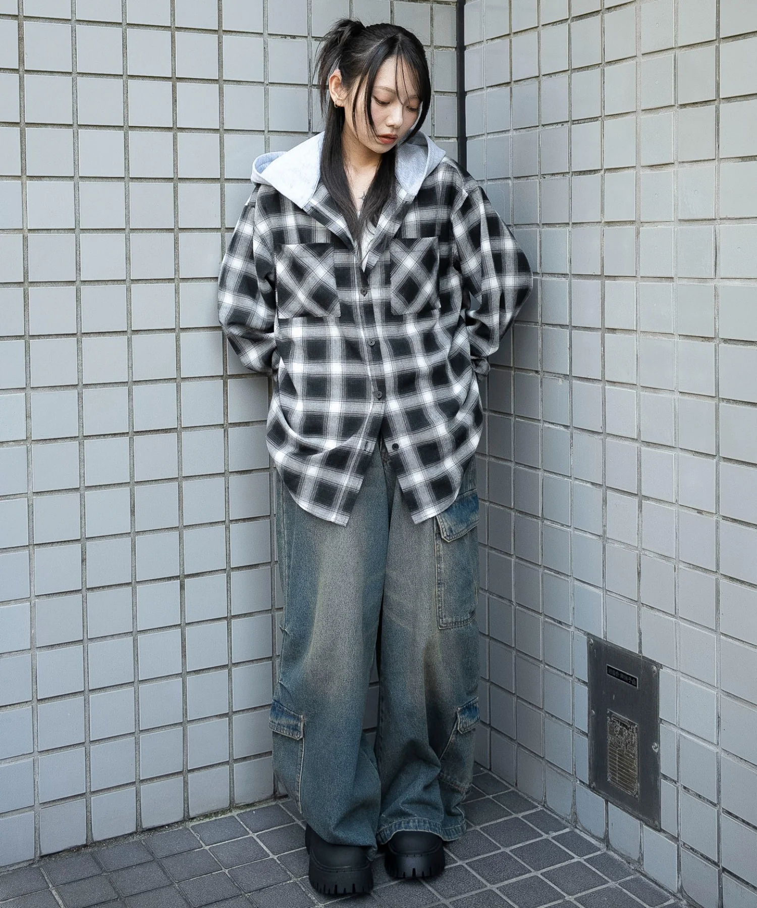 裏毛フードチェックシャツ - Image 3