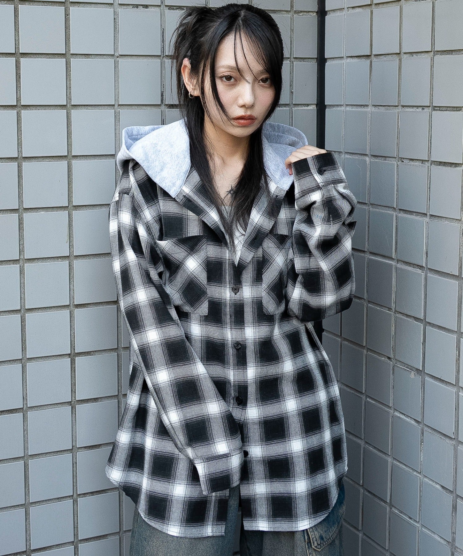 裏毛フードチェックシャツ - Image 9