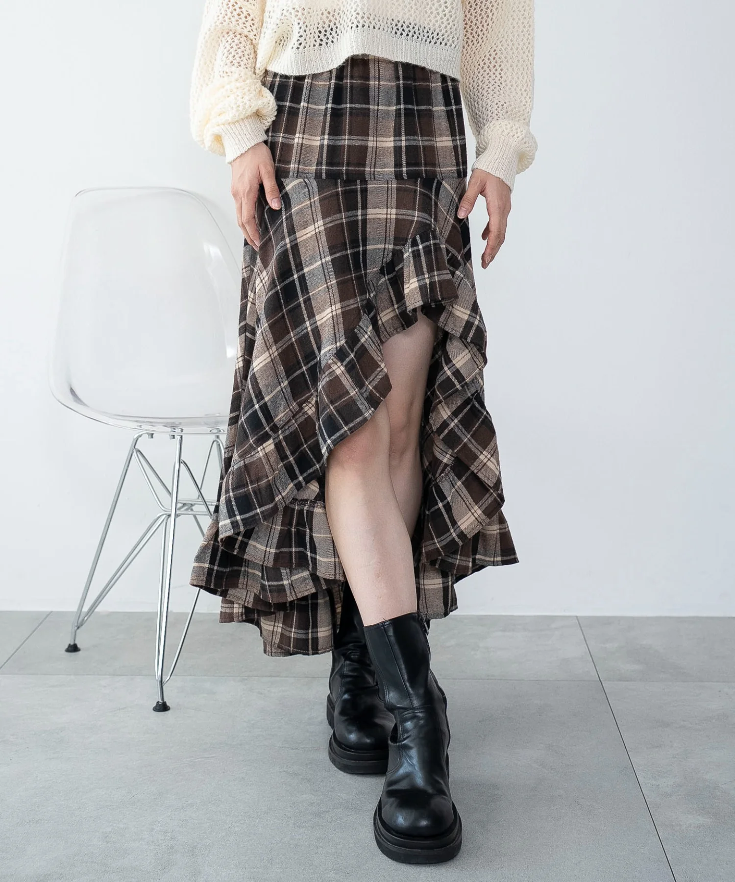チェックアシンメトリーフリルロングスカート - Image 11