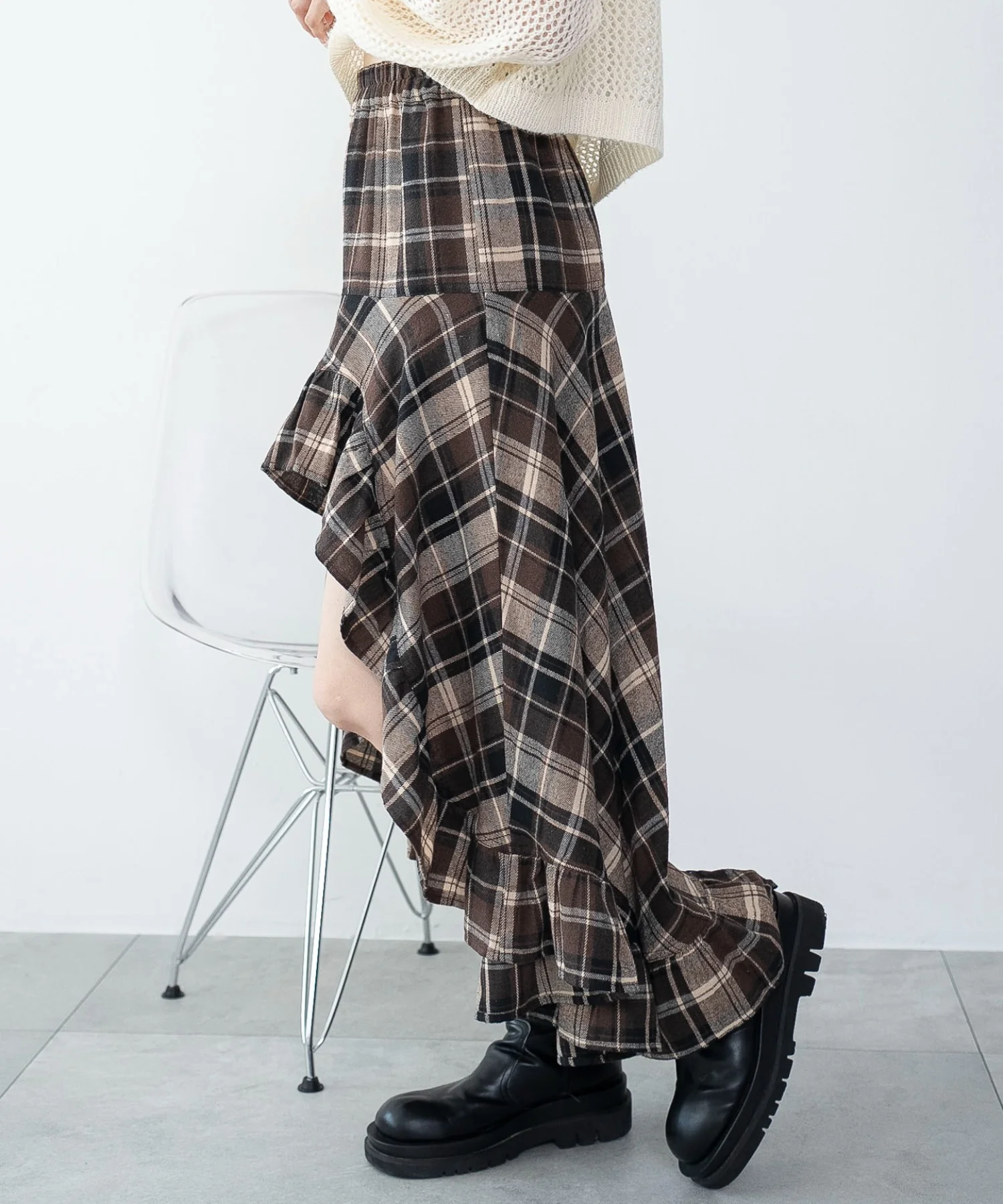 チェックアシンメトリーフリルロングスカート - Image 12