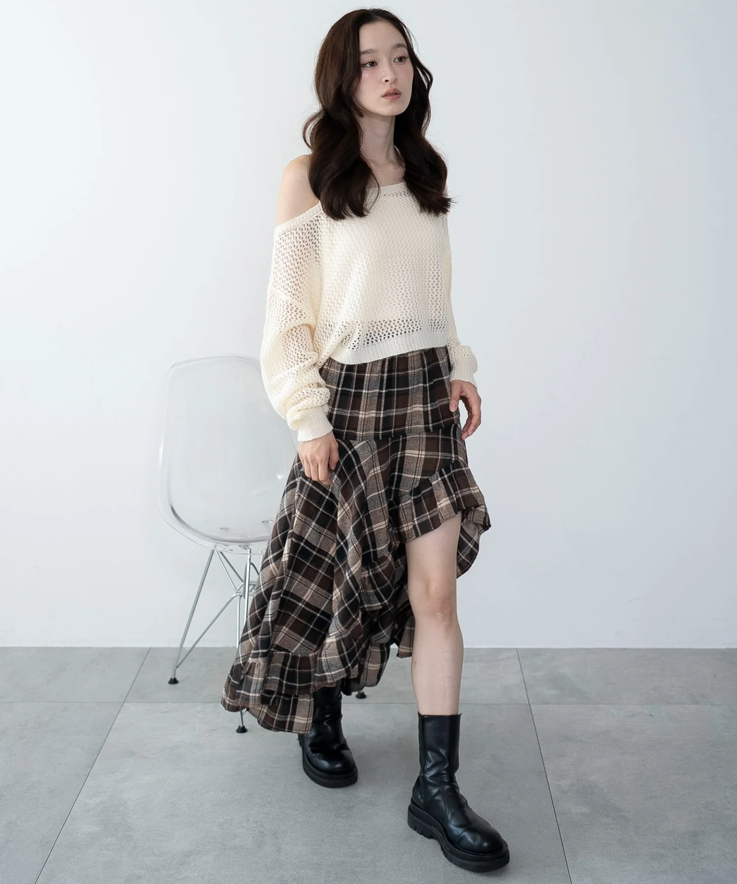 チェックアシンメトリーフリルロングスカート - Image 14
