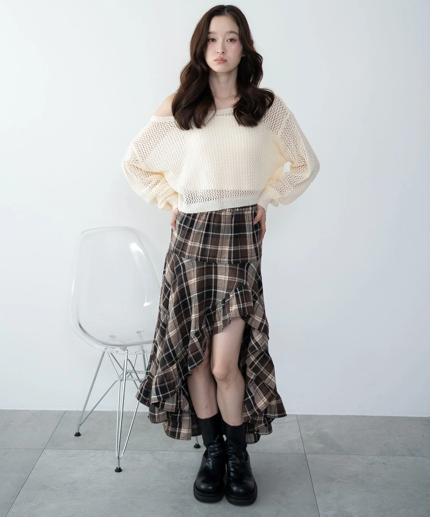 チェックアシンメトリーフリルロングスカート - Image 15