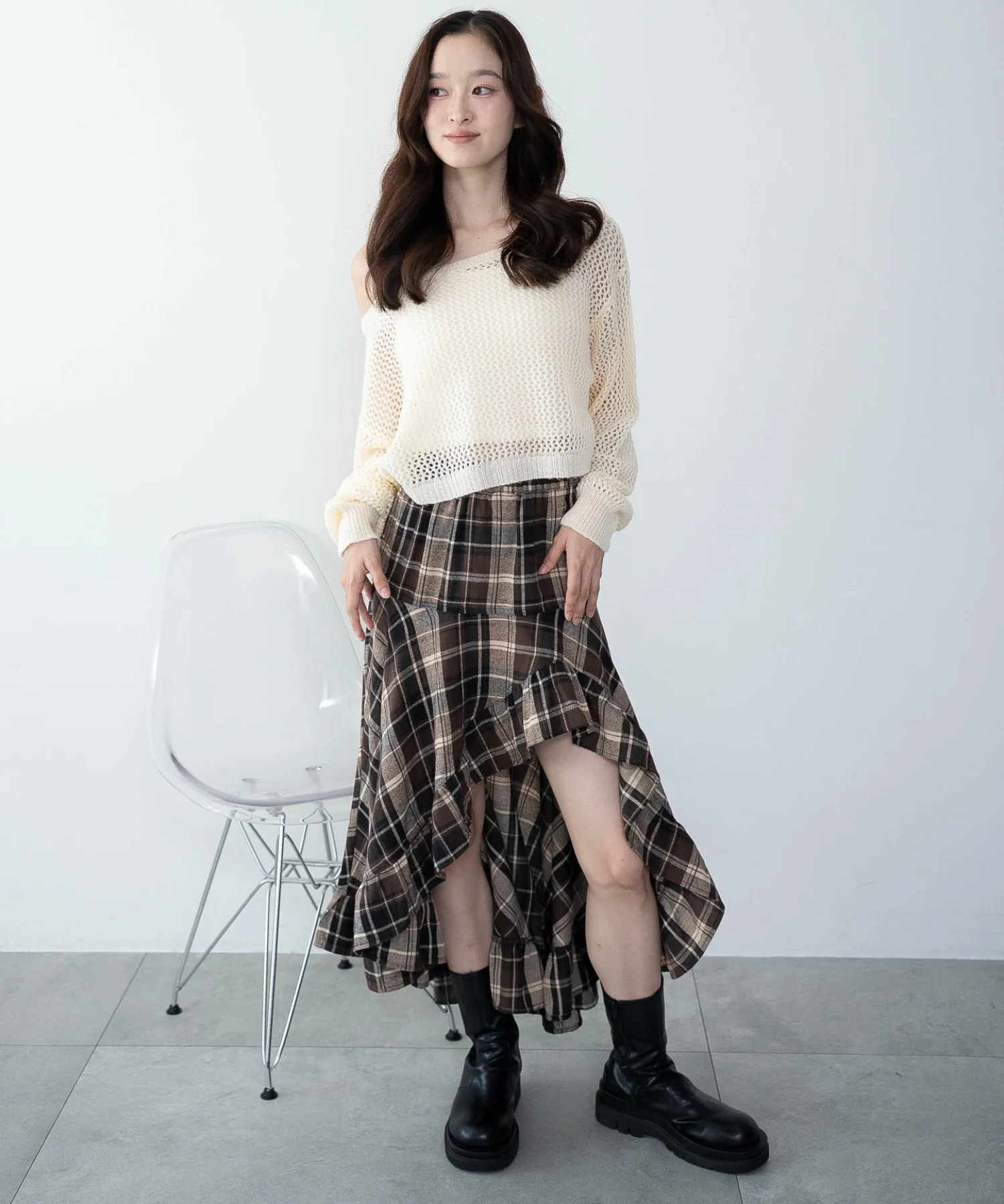 チェックアシンメトリーフリルロングスカート - Image 16