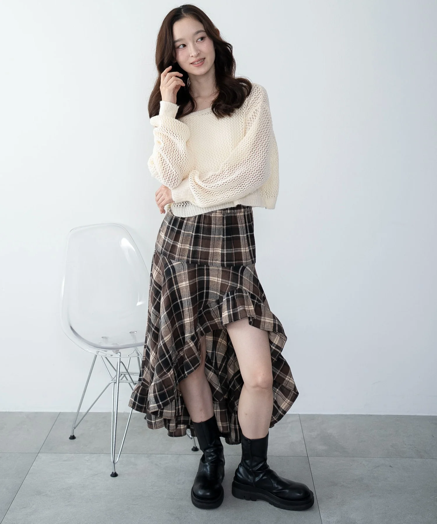 チェックアシンメトリーフリルロングスカート - Image 17
