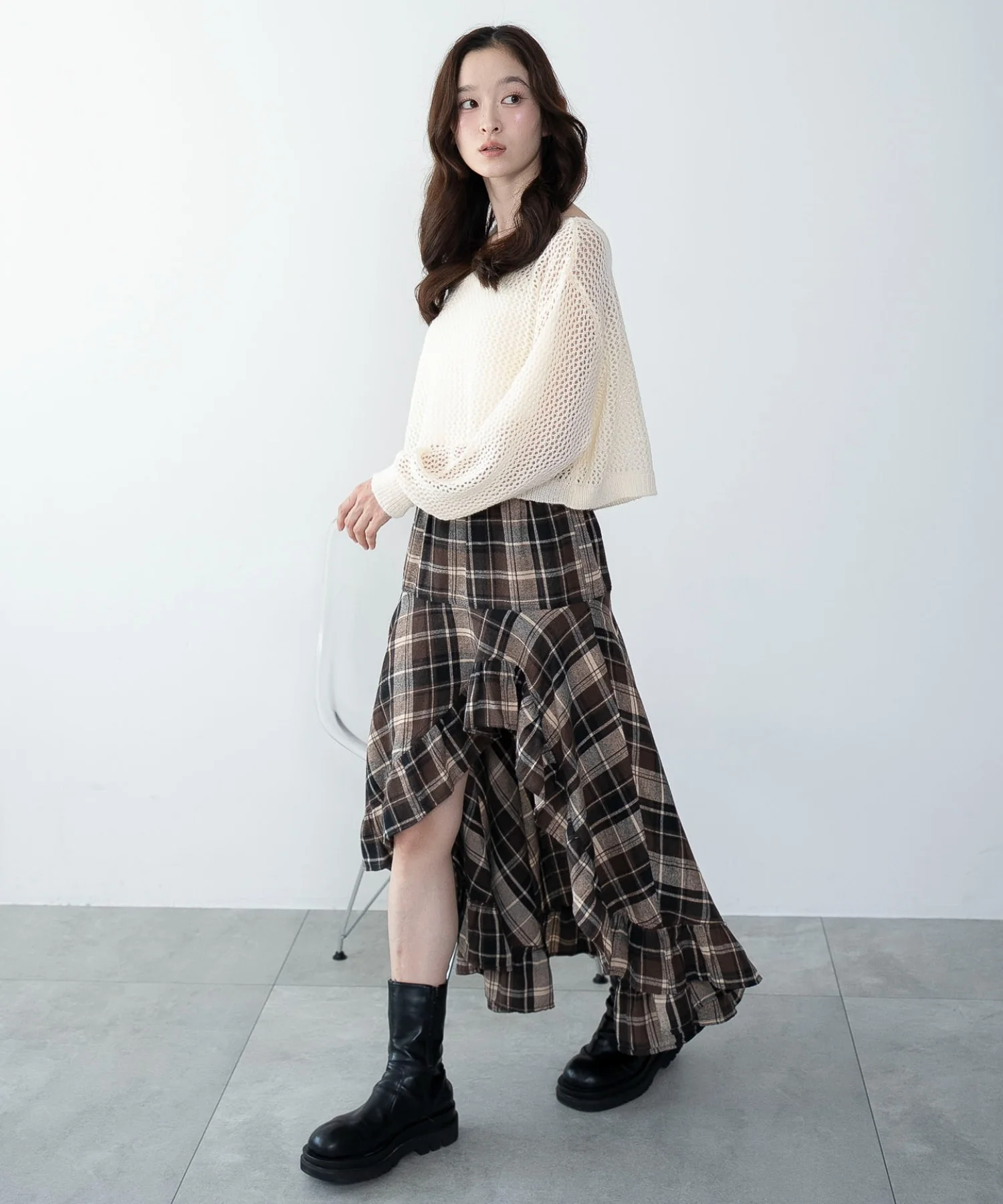 チェックアシンメトリーフリルロングスカート - Image 3