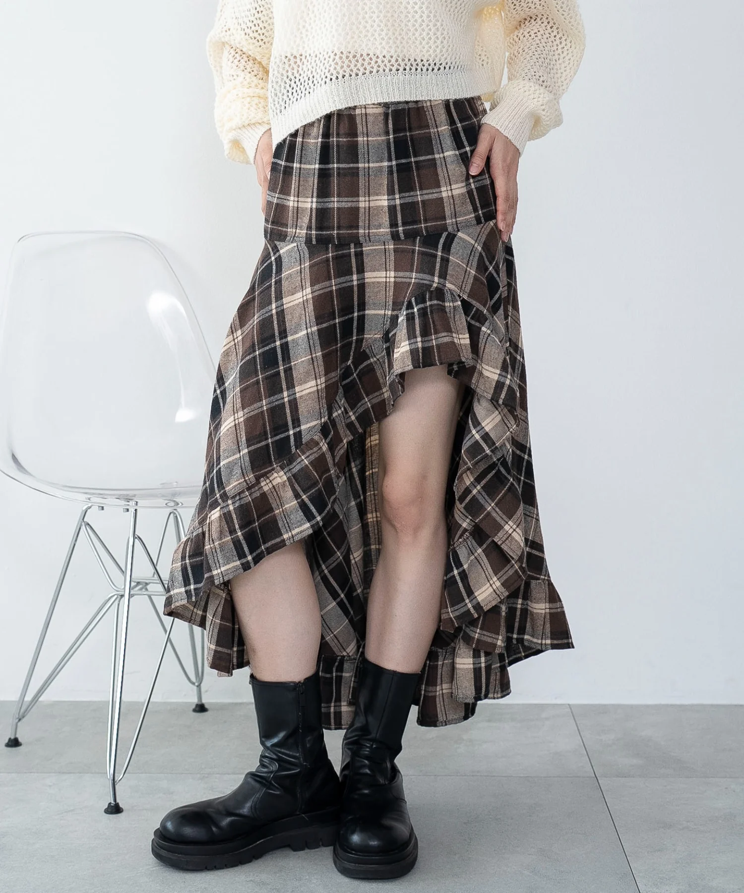 チェックアシンメトリーフリルロングスカート - Image 9