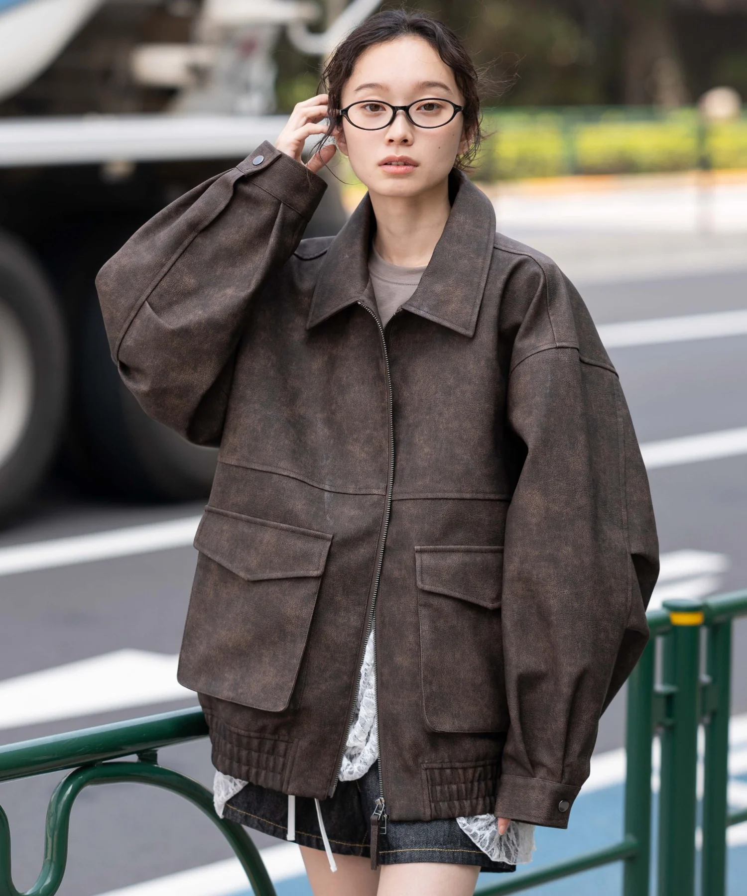 PUダブルZIPフライトブルゾン - Image 5
