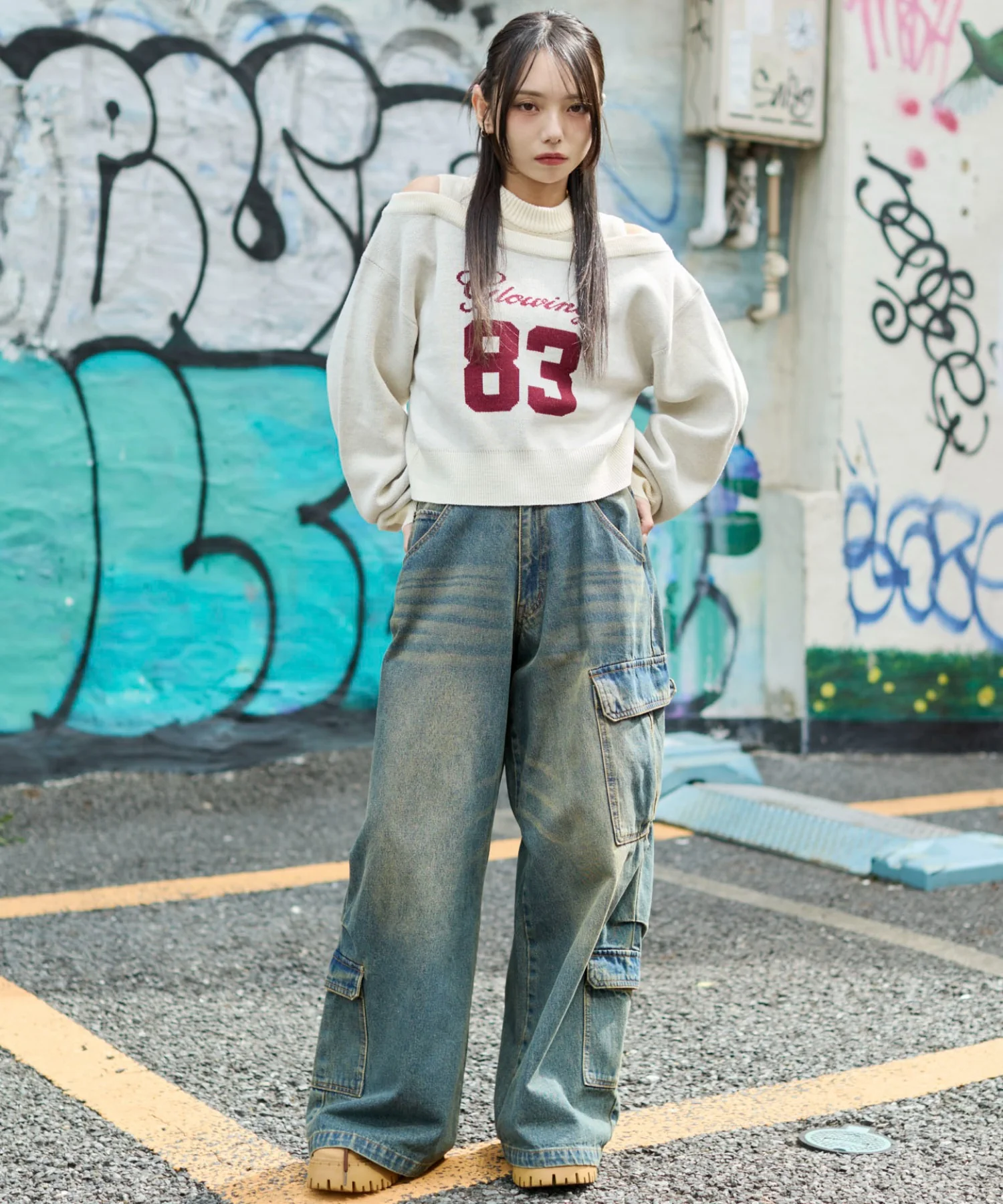 オープンショルダーナンバリングニット - Image 3