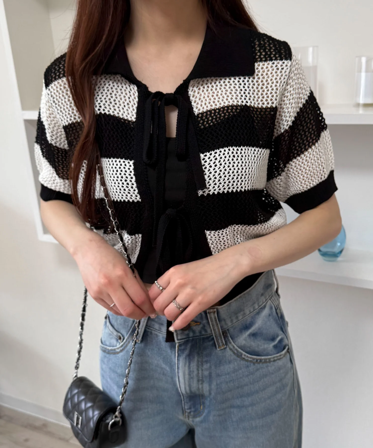 襟付きリボンメッシュショートカーデ - Image 12