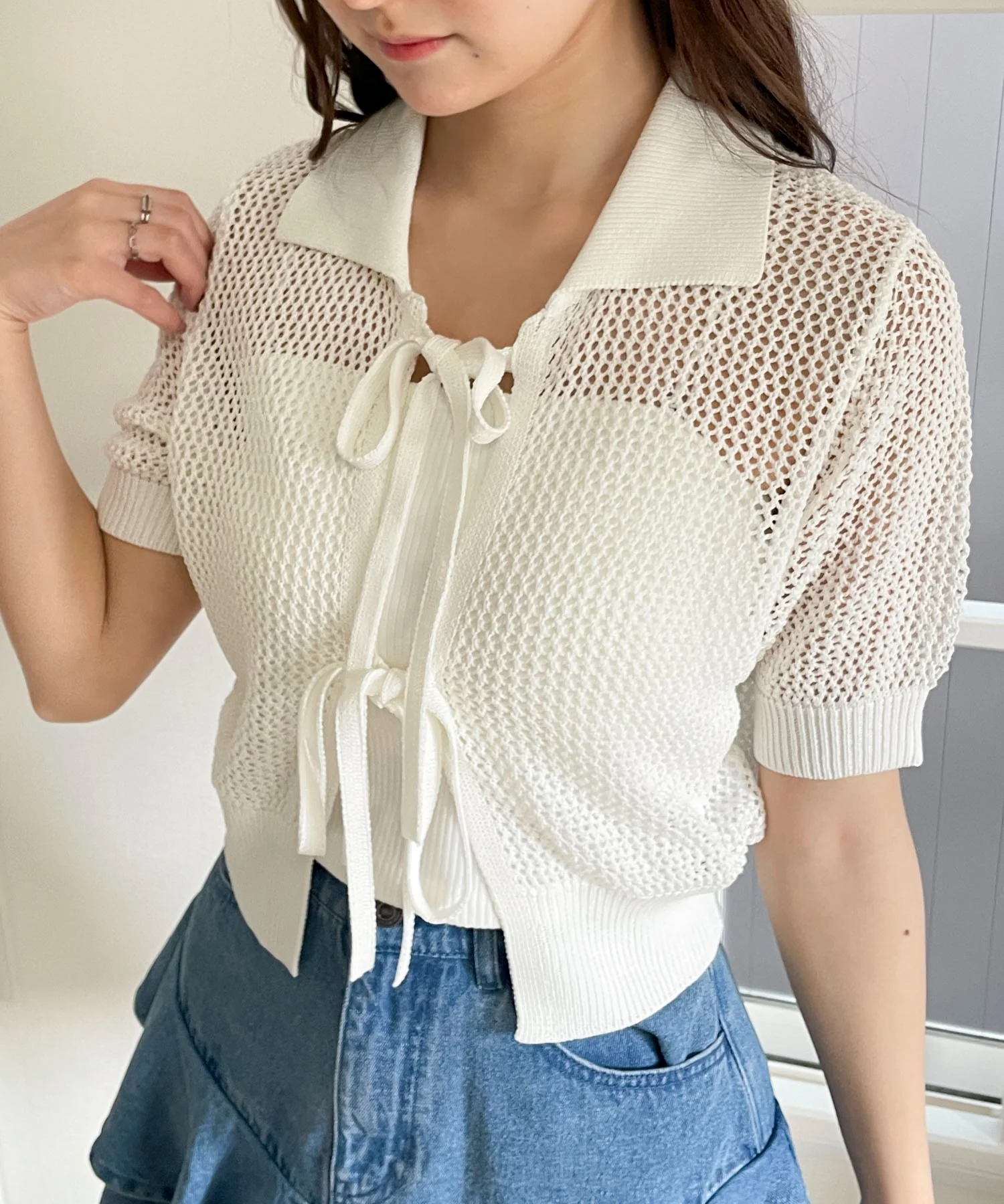 襟付きリボンメッシュショートカーデ - Image 17
