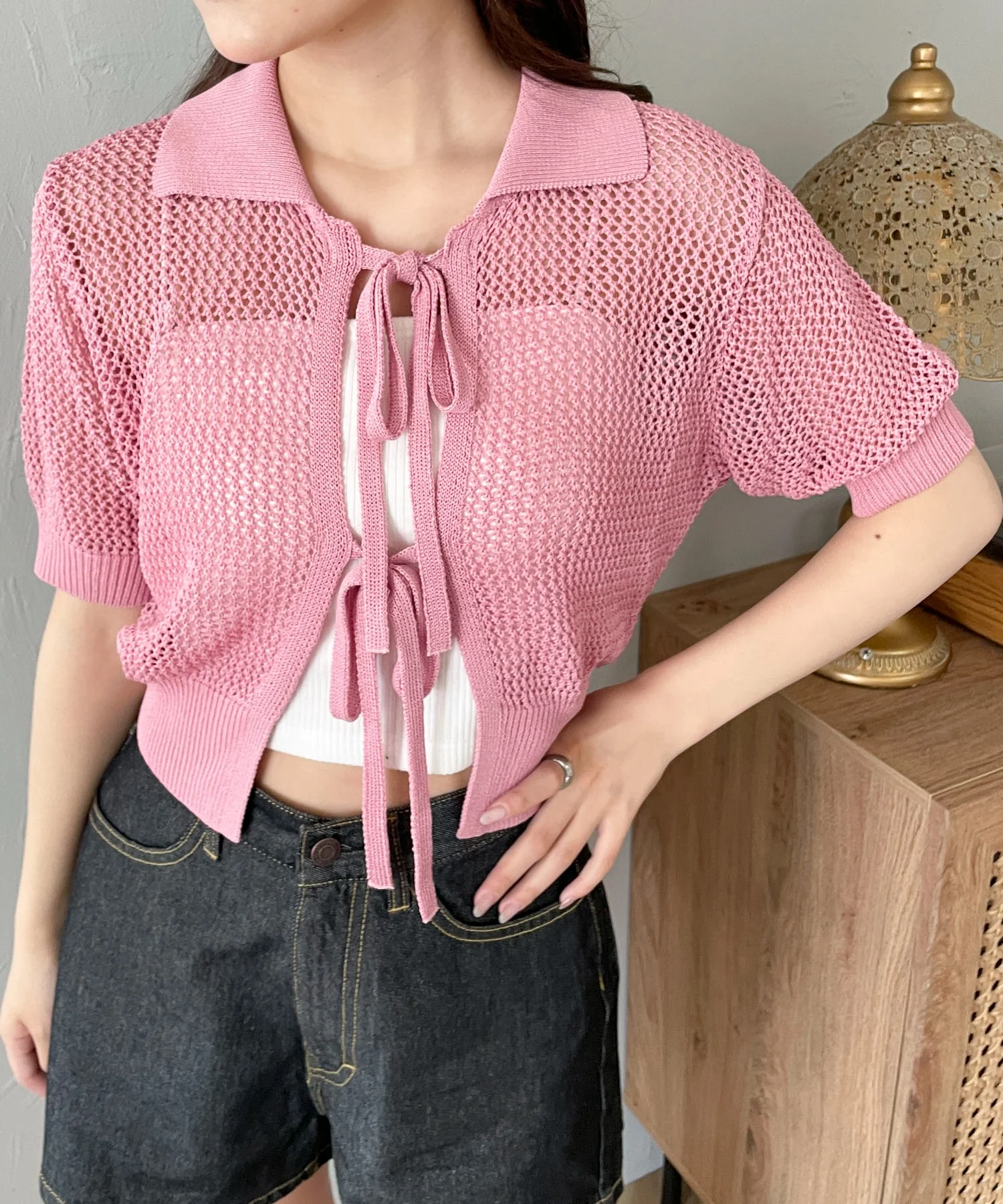 襟付きリボンメッシュショートカーデ - Image 21