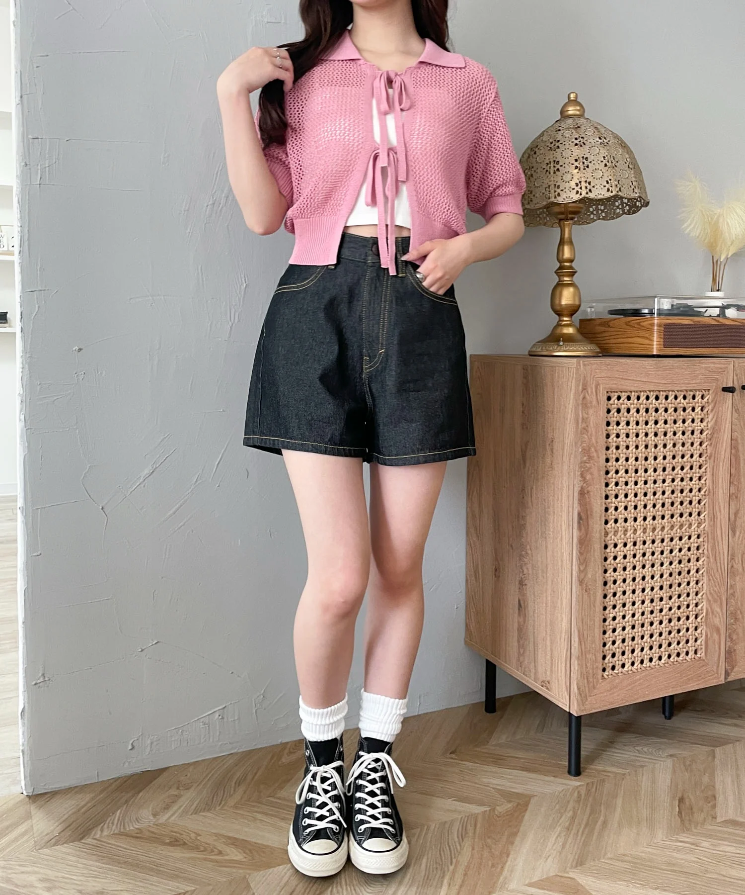 襟付きリボンメッシュショートカーデ - Image 6