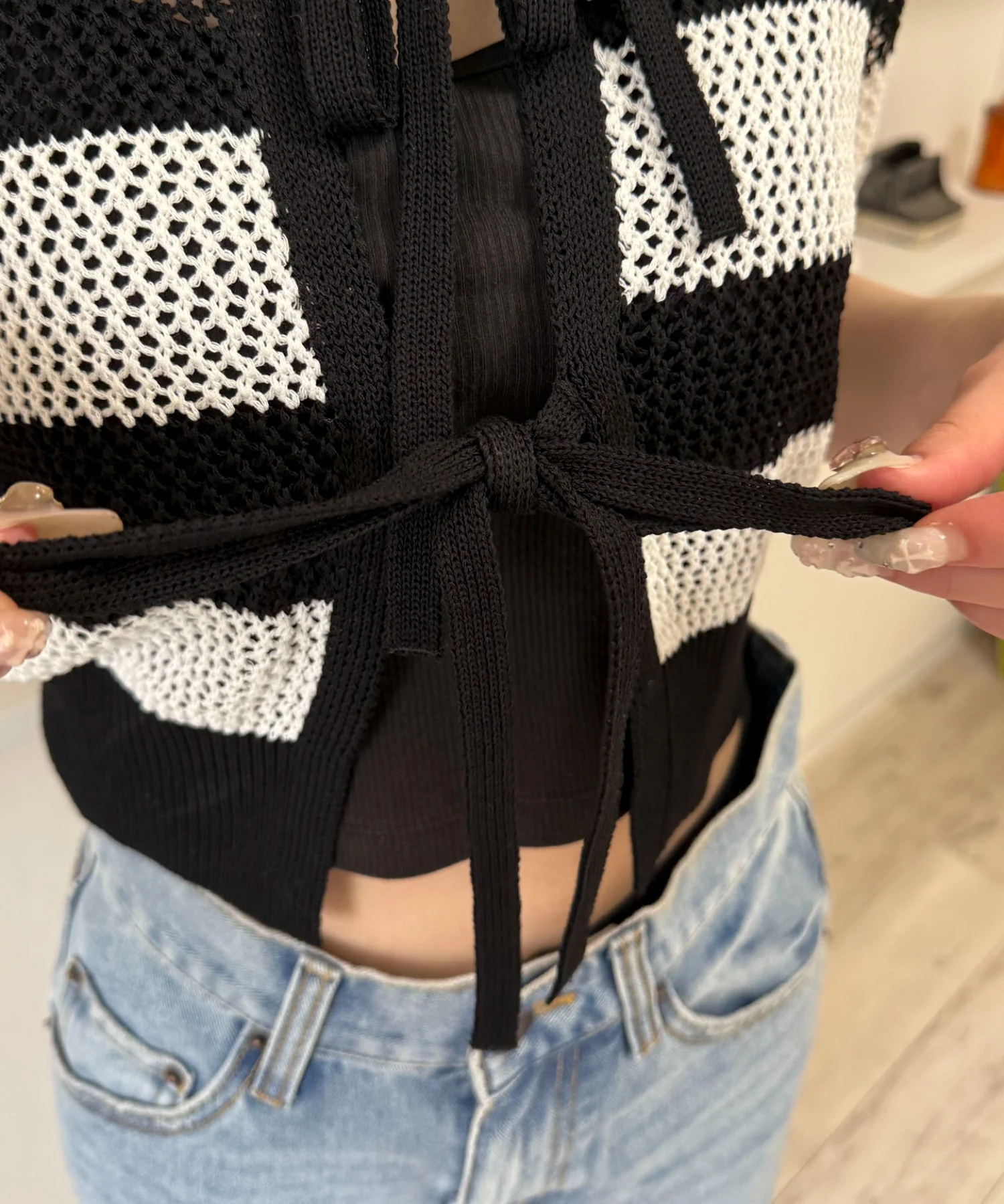 襟付きリボンメッシュショートカーデ - Image 8