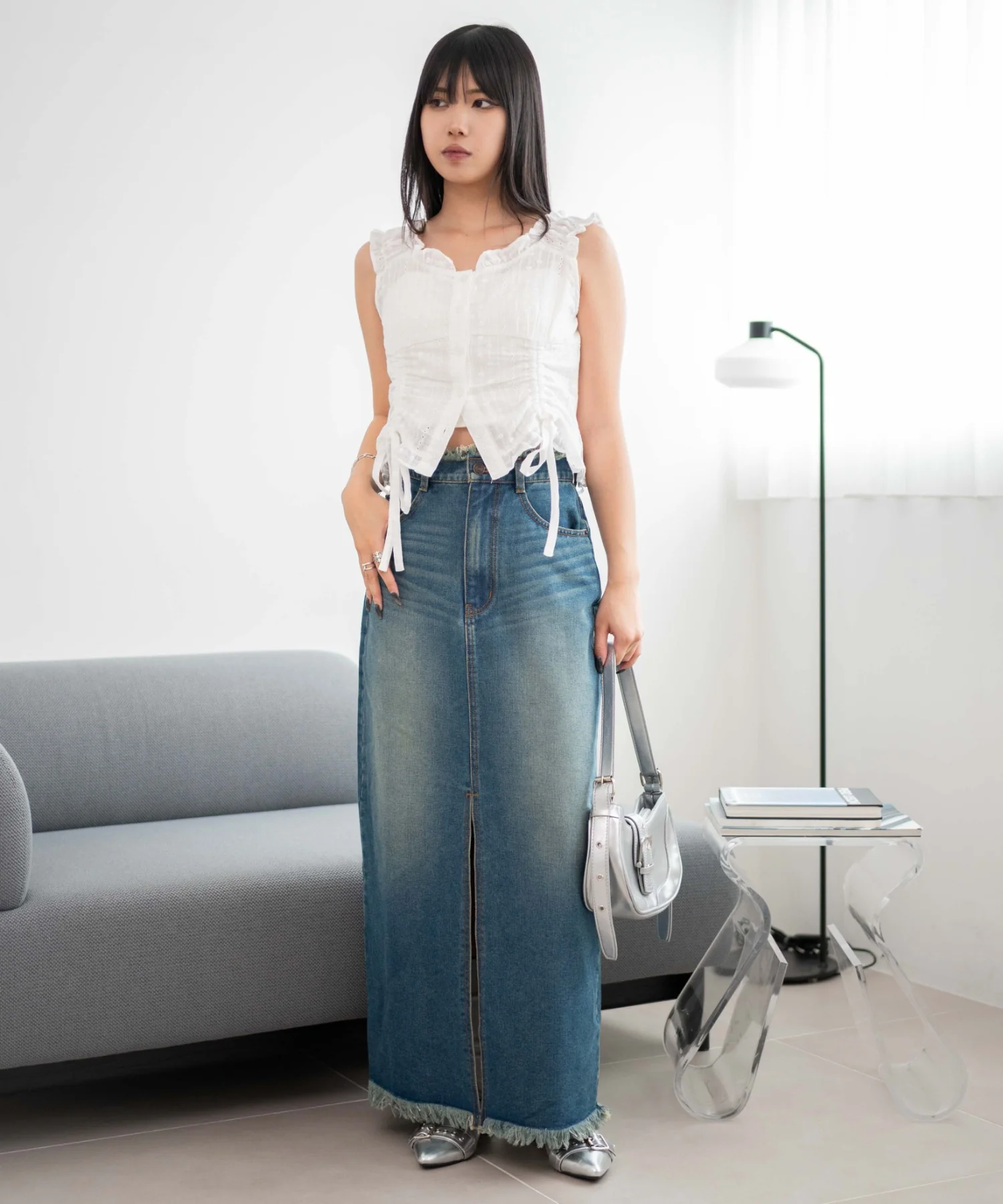 フリンジロングスリットデニムスカート - Image 3