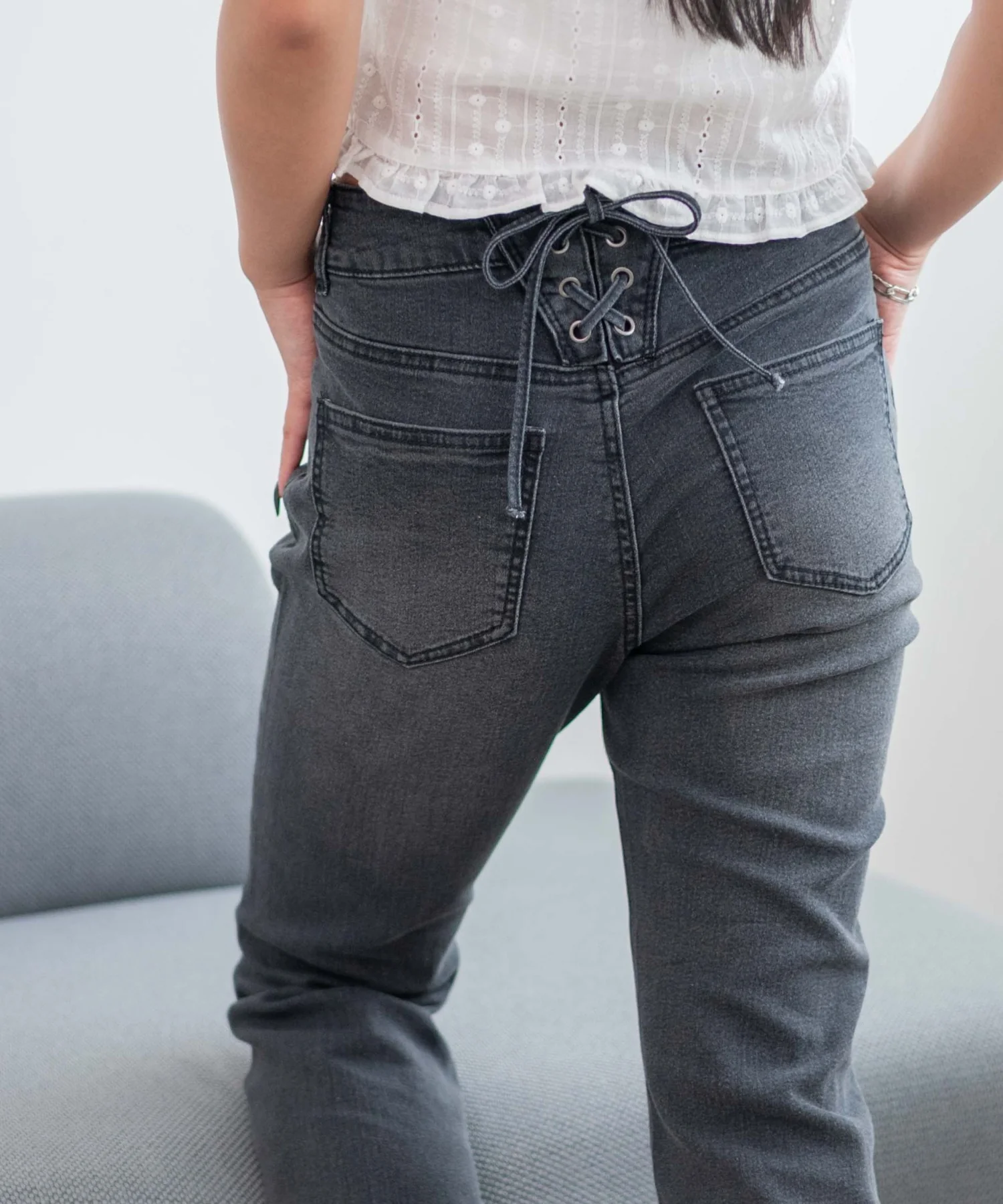 レースアップフリンジストレッチフレアデニムパンツ - Image 2