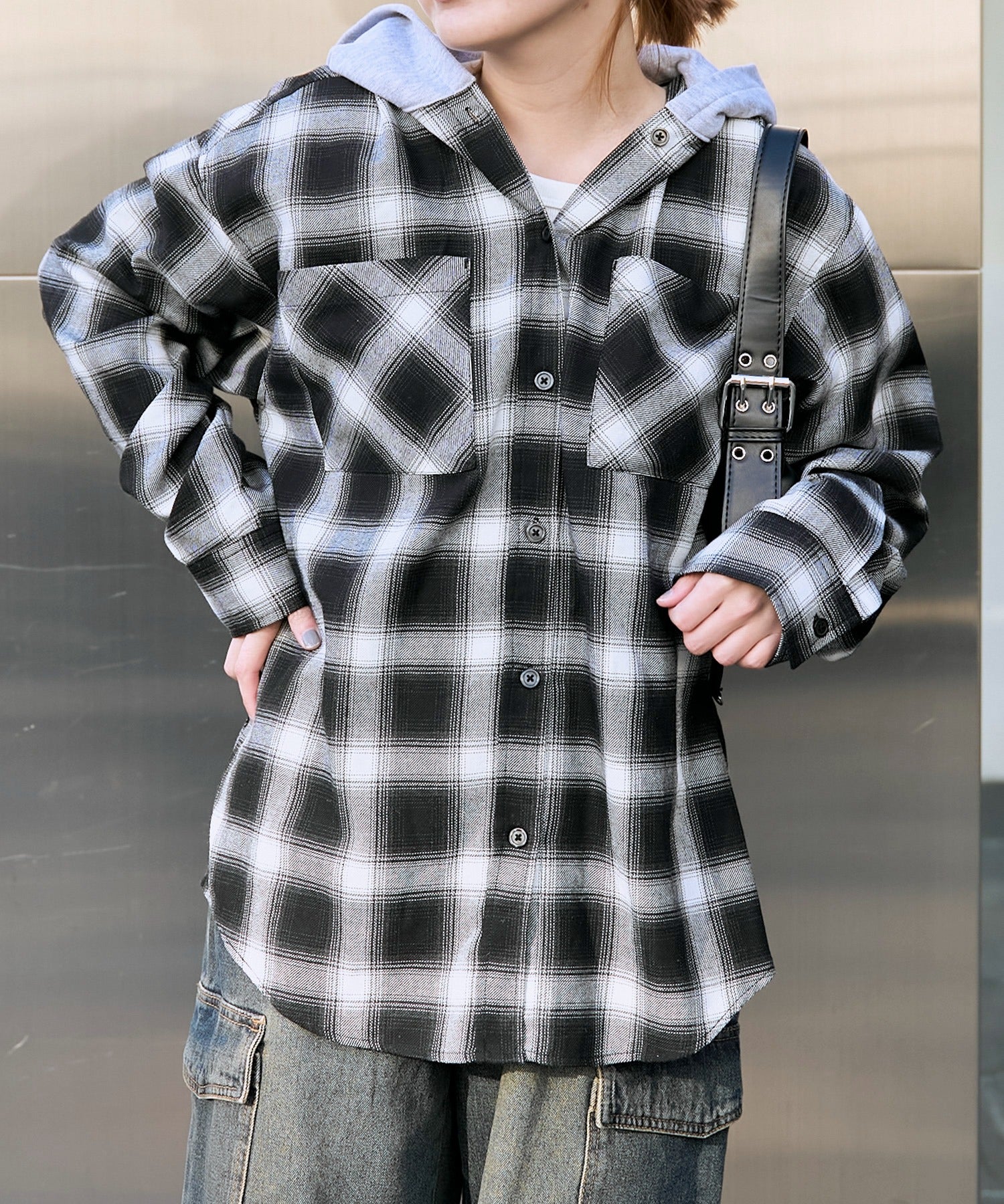 裏毛フードチェックシャツ - Image 5