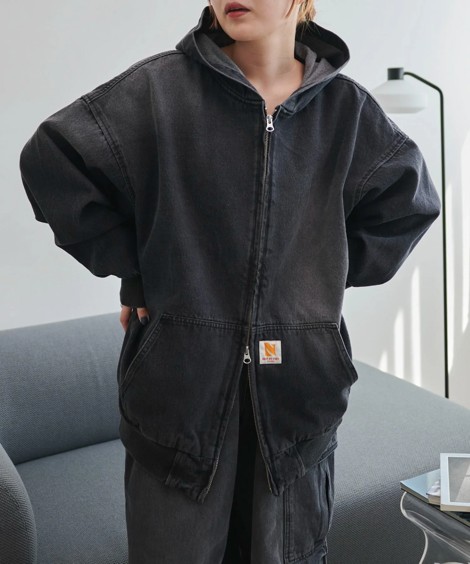 ヴィンテージウォッシュデニムBIGフードブルゾン - Image 16