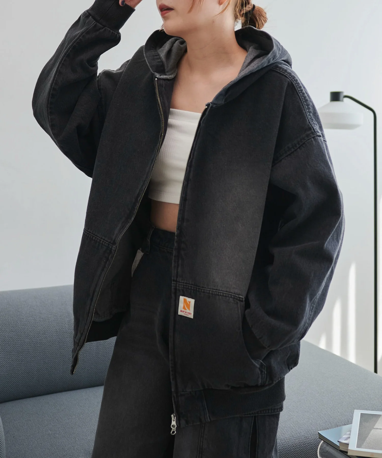 ヴィンテージウォッシュデニムBIGフードブルゾン - Image 18