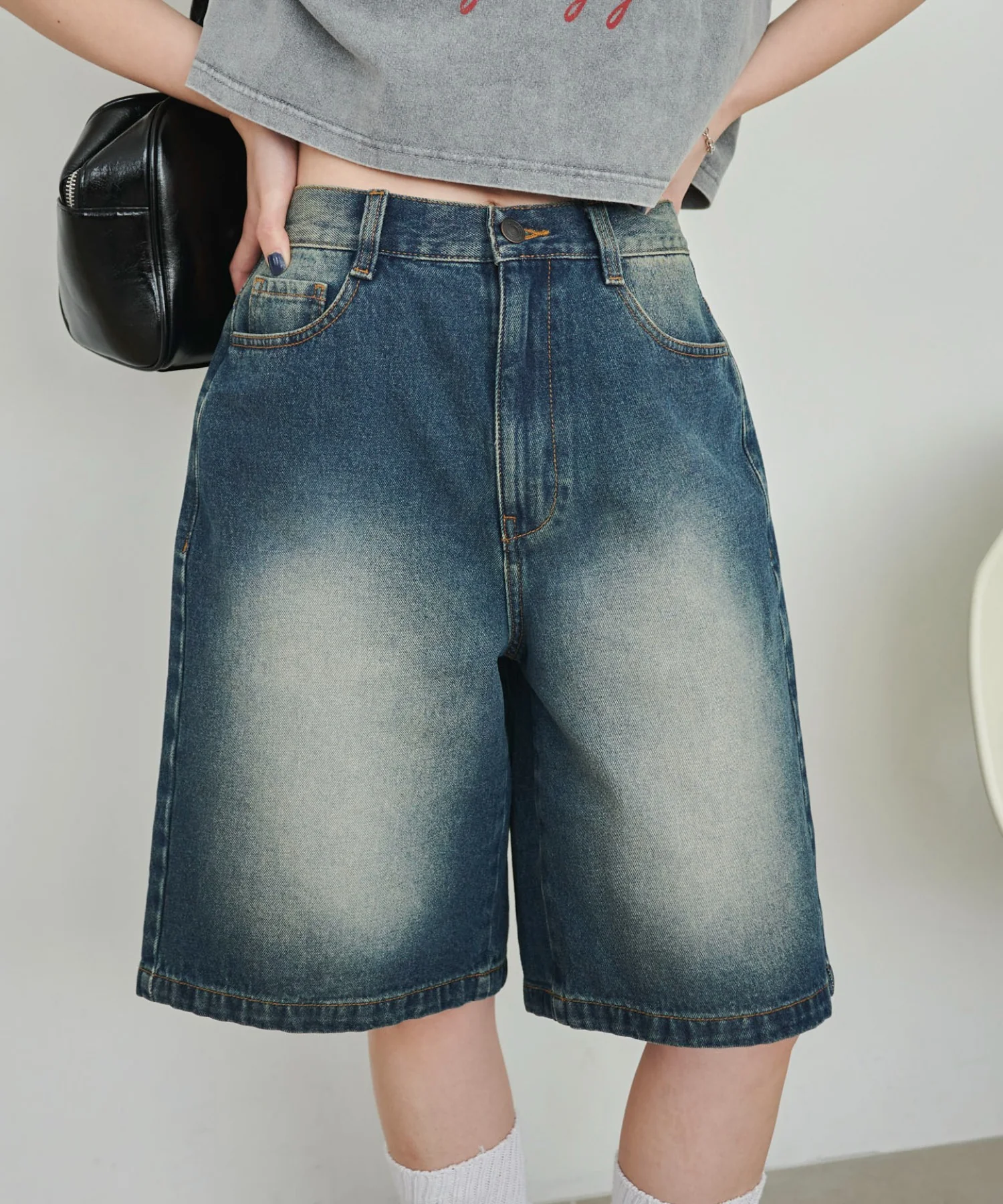 ヴィンテージウォッシュデニムハーフパンツ - Image 2