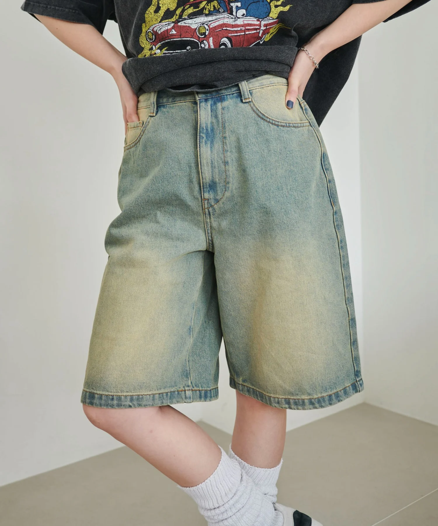 ヴィンテージウォッシュデニムハーフパンツ - Image 4