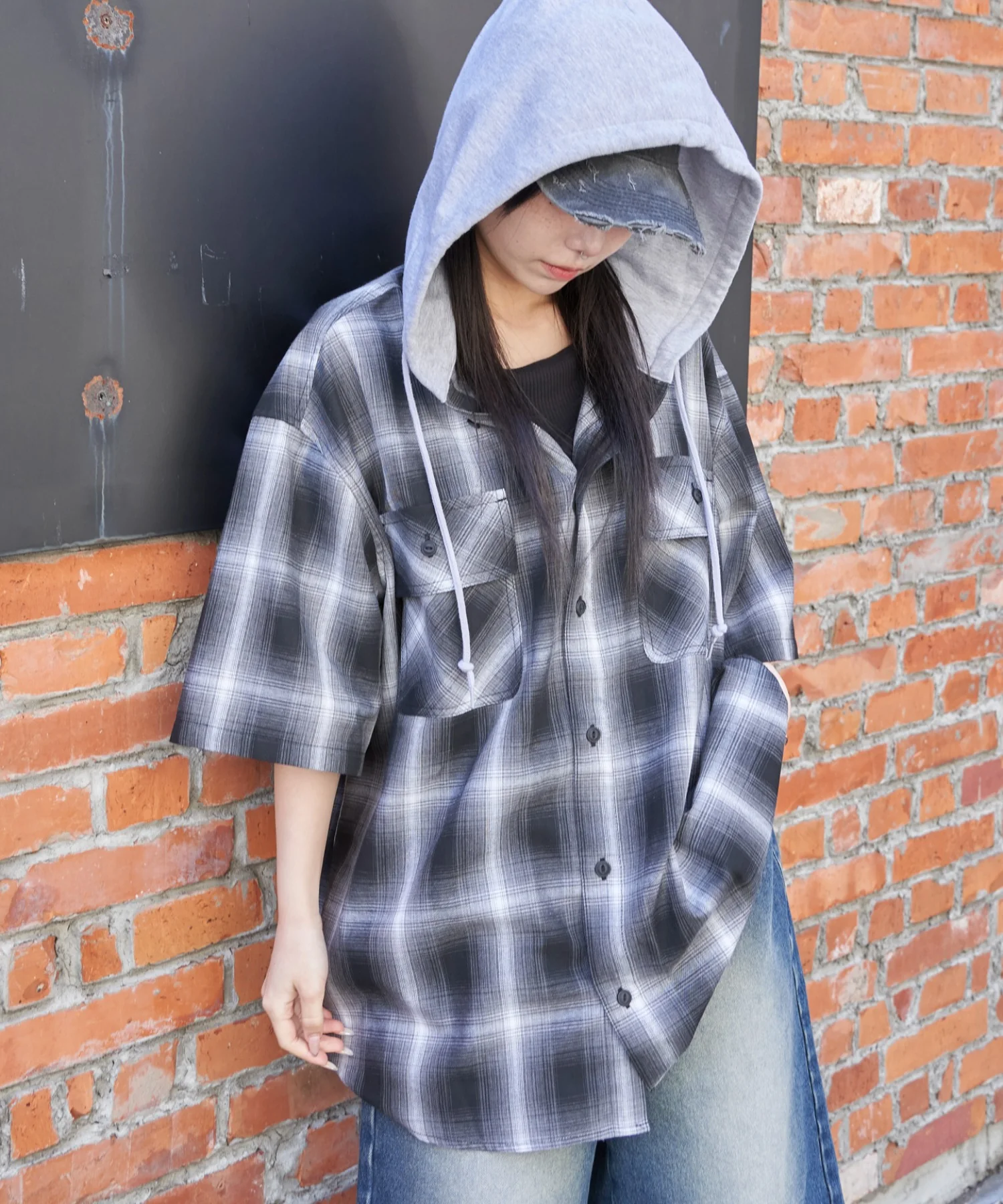 オンブレチェックフードシャツ（SS） - Image 5