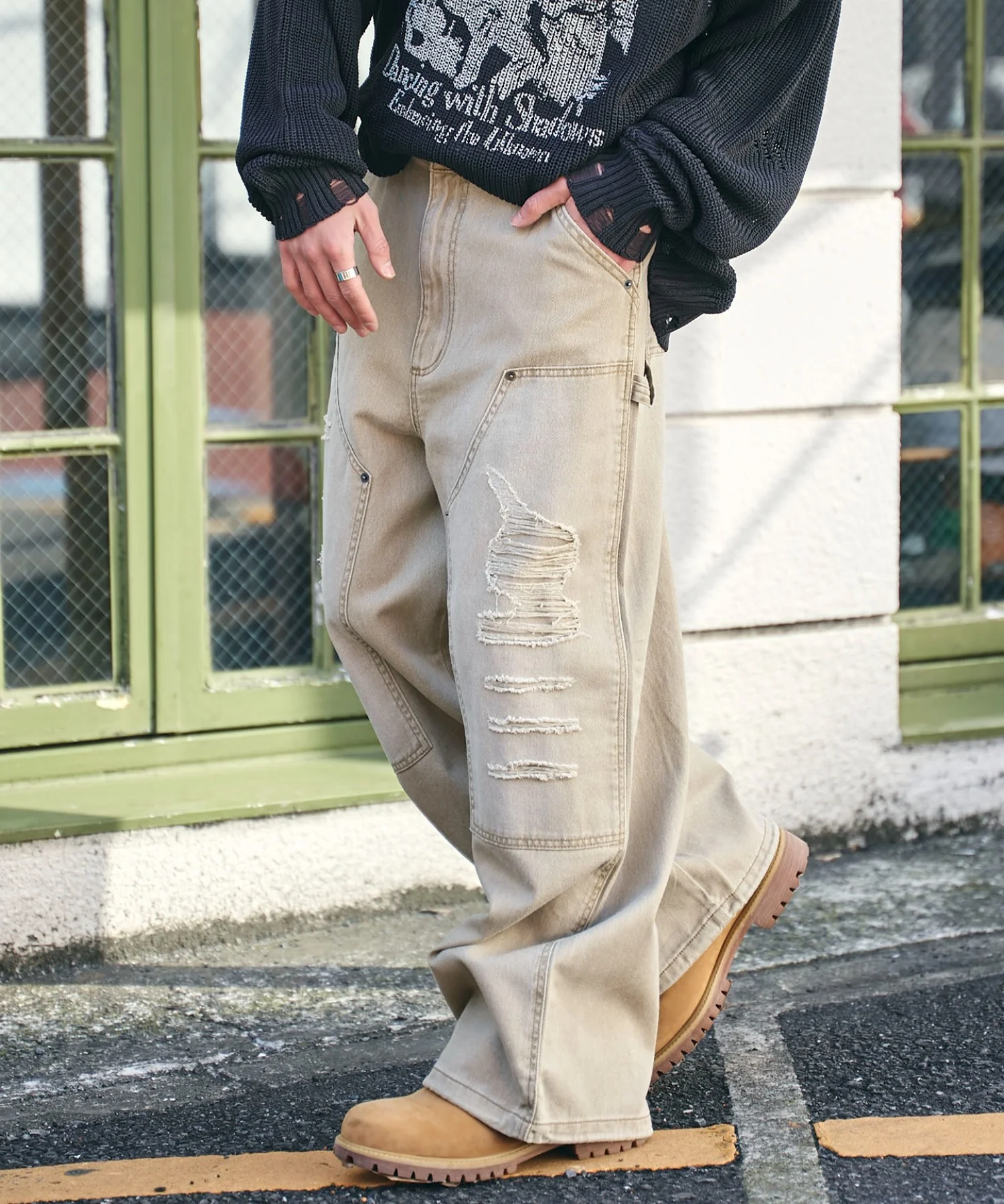 ダブルニーダメージデニムパンツ - Image 3